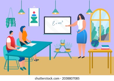 Professional woman teacher character learn process in school, young student obtain knowledge flat vector illustration, physics formula.