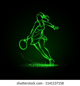 Professional woman tennis player illustration. Green linear neon tennis player on a black background.