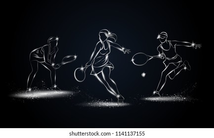 Professional woman tennis players set. Metallic linear tennis player illustration for sport banner, background and flyer.