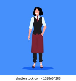 professional woman waitress in uniform standing pose restaurant staff professional occupation concept female cartoon character full length blue background flat