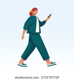 Uma mulher profissional andando enquanto usa smartphone em um terno elegante azul-petróleo com design plano moderno. Ideal para aplicativos de negócios, marcas corporativas, conteúdo de estilo de vida profissional e comunicação técnica.