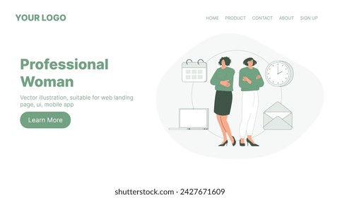 Professional Woman. Web Landing Page Design. Flat Cartoon Vector Illustration. Vector illustration, suitable for web landing page, ui, mobile app.