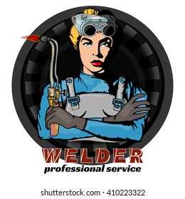 Professional woman welder pop art professional welder welding tools and equipment vector 