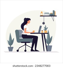 Professional woman working on a desk, 2D vector flat illustration