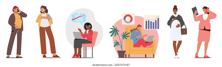 Professional Women Characters Embracing Pregnancy, Balancing Career And Motherhood. Demonstrate Resilience, Determination, And The Ability To Multitask Effectively. Cartoon People Vector Illustration