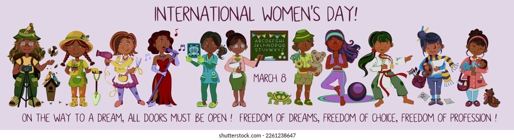 professional women for International Women's Day March 8. 10 beautiful, brave, smart and determined girls, each free and happy doing what they love