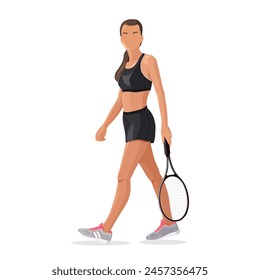 Professional women tennis player in sportive clothes with a racket on a tennis court.