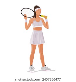 Professional women tennis player in sportive clothes with a racket on a tennis court.