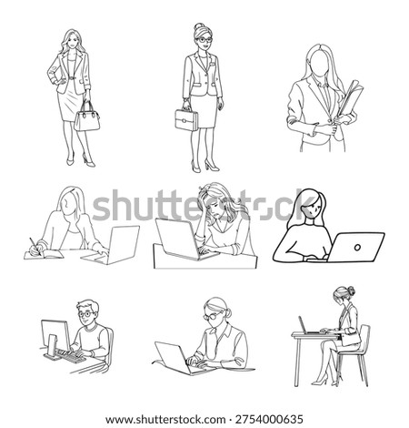 Professional Women Working on Computers Line Art Illustration
