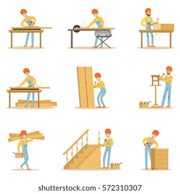 Professional Wood Jointer At Work Crafting Wooden Furniture And Other Construction Elements Vector Illustrations