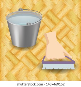 Professional wooden floor cleaning services vector illustration. Clean wooden floor with water bucket and cartoon hand with brush cleaning poster