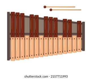 Professional Wooden Xylophone with two percussion mallets isolated on white background. Percussion musical instrument icon. Vector illustration in flat cartoon style.