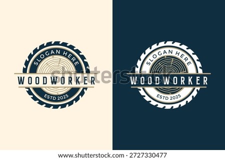 Professional Woodworker Logo Design, Saw Blade Emblem with Wood Grain Rings and Slogan Space for Carpentry and Furniture Workshop
