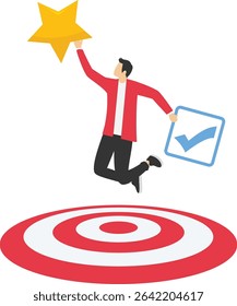 Professional at work, excellent employee, business guru or expert concept, Businessman celebrating job completion with perfect feedback following expected target. stock illustration

