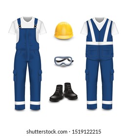 Desgaste profesional y conjunto uniforme, ilustración vectorial aislada en fondo blanco. Ropa de trabajo de protección realista, botas, gafas de seguridad y casco amarillo.