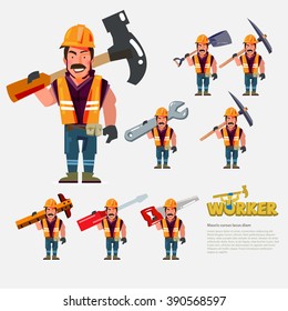 Professional worker carry work tools on the back. character design - vector illustration