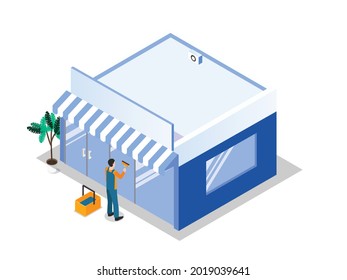 Professional worker of cleaning service scrubbing window isometric 3d vector concept for banner, website, illustration, landing page, flyer, etc.