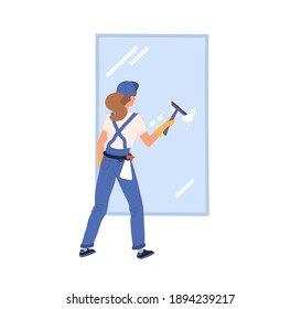 Trabajador profesional del servicio de limpieza lavadora con depurador y limpiador. Joven uniformada y guantes trabajando como limpiadora. Ilustración vectorial plana coloreada aislada en fondo blanco