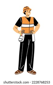 Professional worker concept. Young smiling male builder, architect or repairman in protective orange hard hat. Male character with construction tools. Cartoon flat vector illustration in doodle style