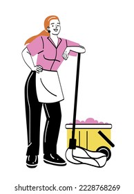 Concepto de trabajador profesional. Joven sonriente empleada del servicio de limpieza sujetando una mopa con piso de trapo y de corte. Limpieza y desempolvado de la casa. Dibujo vectorial plano de caricatura en estilo doodle