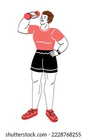 Professional worker concept. Young strong male athlete or bodybuilder lifts dumbbell and strengthens his muscles. Training, sport, workout or exercise. Cartoon flat vector illustration in doodle style