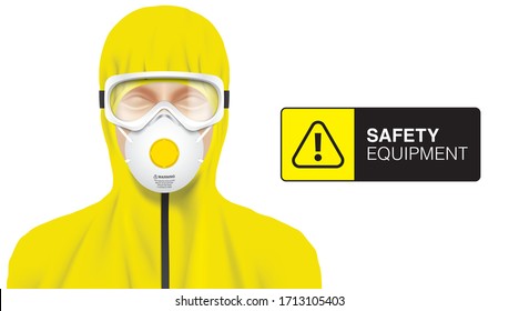 Professional worker covered with yellow overalls. White person, wearing disease protection equipment on his face. Laboratory suit vector illustration.