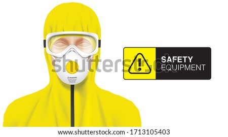 Professional worker covered with yellow overalls. White person, wearing disease protection equipment on his face. Laboratory suit vector illustration.