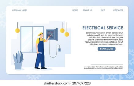 Professioneller Arbeiter des elektrischen Dienstes in Blau insgesamt mit Schlüssel, Schraubendreher Reparatur Strom im Haus, Wohnung. Steckdose, Kabel an der Wand. Vektorgrafik