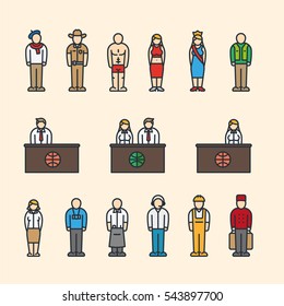 Professional Worker Employee Job Work Profession Occupation Career Servant Color Vector Flat Line Icon Set Symbol Pictogram Minimalistic Isolated On White