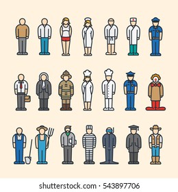 Professional Worker Employee Job Work Profession Occupation Career Servant Color Vector Flat Line Icon Set Symbol Pictogram Minimalistic Isolated On White