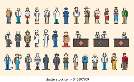 Professional Worker Employee Job Work Profession Occupation Career Servant Color Vector Flat Line Icon Set Symbol Pictogram Minimalistic Isolated On White