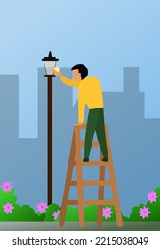 trabajador profesional fijando la ilustración vectorial de la lámpara de jardín, vector de trabajadores de la electrificación profesional, trabajador instalando un enchufe para una lámpara de parque de la ciudad