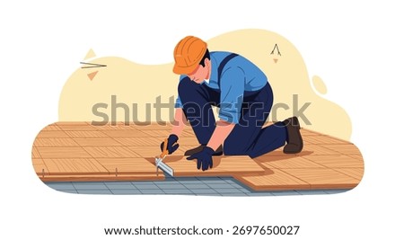 Professional worker in a hard hat kneeling to install wooden floorboards with a utility knife and straightedge, a depiction of home renovation.