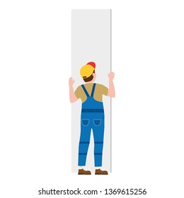 Professional worker man installing gypsum plasterboard panels. Vector illustration, isolated. Construction industry, repair, new home, building interior