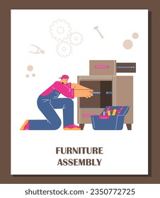 Professional worker on the knees with screwdriver assembling or dismantling a commode. Wooden furniture assembly service poster. Flat vector illustration with cartoon male repairman and toolbox