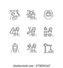 Professional worker pixel perfect linear icons set. Heavy manufacturing production specialist. Customizable thin line contour symbols. Isolated vector outline illustrations. Editable stroke