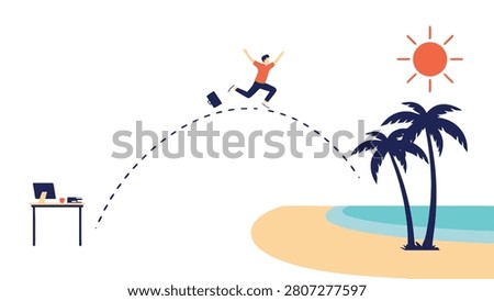 Professional worker running toward sunny tropical island getaway illustration with vacation business tropical lifestyle