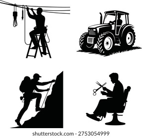 Professional worker silhouettes set including electrician repairing power lines, farmer driving tractor, mountain climber and barber haircut, occupations and skilled jobs vector illustration collection