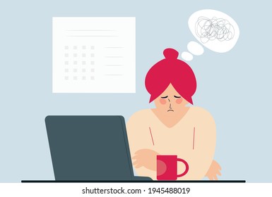 Professional worker sitting in front of her computer and feeling upset. Young woman addicted to internet and have a headache. Mental health problems, anxiety, depression, work stress, freedom concept.