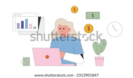 Professional worker sitting at table near laptop, looking at diagrams, analyze charts and strategies. Investment, analysis and trading concept. Vector illustration in purple and yellow colors