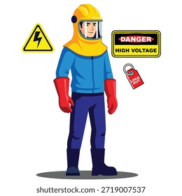 Trabajador de Profesional de pie con equipo de protección personal completo, con una capucha de arco amarillo, visera transparente, traje azul, guantes rojos y botas oscuras