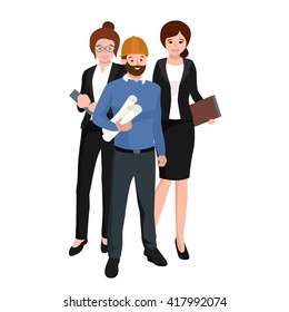 Professional worker team in uniform and hat people man  woman different profession like construction civil engineering, builder in helmet with business documents vector illustration