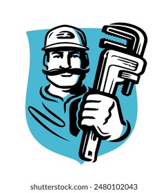 Professional worker with tool or wrench, logo. Construction, plumbing work emblem. Logo vector illustration