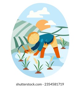 Professional worker in traditional hat and uniform holding rice ears, sickle and working in field, harvesting. Rice cultivation in Asia concept. Flat vector illustration in cartoon style