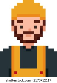 Professional worker in uniform and cap or safety helmet. Pixel art character isolated on white background. Retro vintage video game graphics.