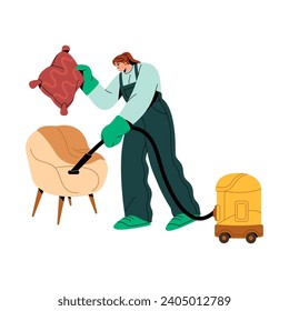 Professional worker with vacuum cleaner hoovers furniture. Woman goes housekeeping, does cleanup, housework. People work in cleaning service business. Flat isolated vector illustration on white
