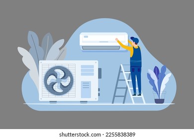 Professional worker of ventilation repair service in blue uniform stand on ladder fix or install air-conditioner on wall in office, house, appertment. Vector illustration. Vector illustration