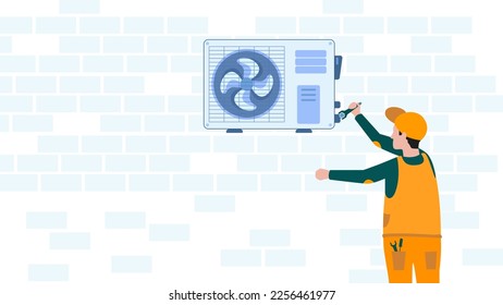 Professional worker of ventilation repair service in blue uniform stand on ladder fix or install air-conditioner on wall in office, house, appertment. Vector illustration. Vector illustration