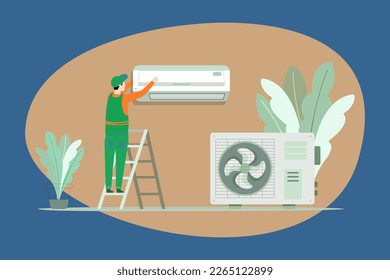 Professional worker of ventilation repair service in green uniform stand on ladder fix or install air-conditioner on wall in office, house. Vector illustration.