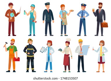 Professional workers. Different jobs professionals, labor people and workers cartoon vector illustration set. Job and work, worker or teacher, cleaner, artist and pilot